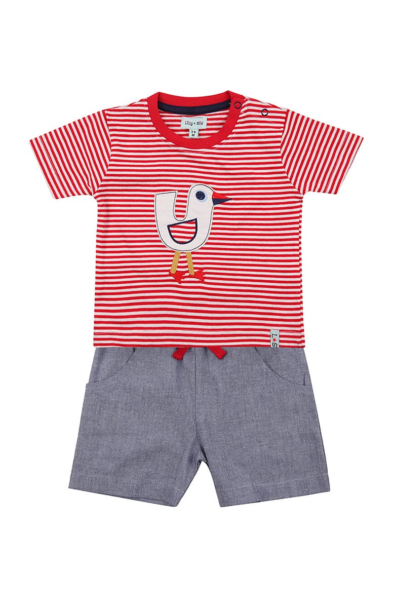 Lilly + Sid Organic Cotton Seagull and Stripe Print T-Shirt and Short Set, Main, color, Red