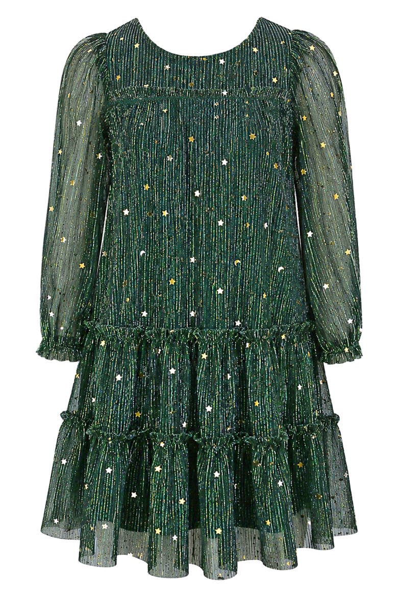 Kids' Metallic Plissé Tiered Dress, Main, color, HUNTGRNGLD