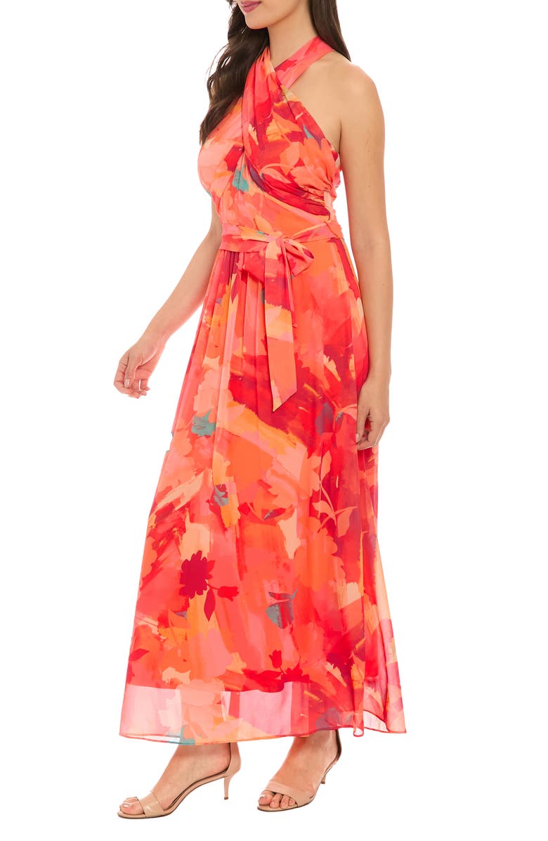 London Times Crossover Halter Neck Chiffon Maxi Dress, Alternate, color, Orange/ Red