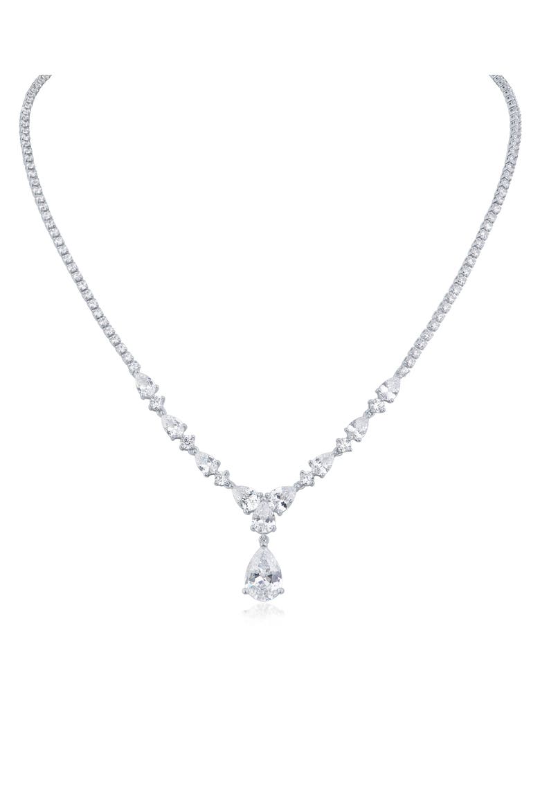 Round & Pear Cubic Zirconia Drop Necklace, Main, color, CLEAR/ SILVER