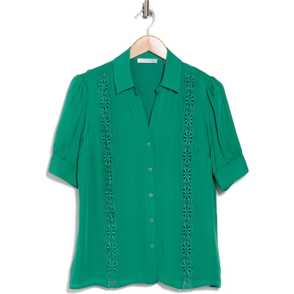 Elie Tahari The Aram Floral Embroidered Short Sleeve Silk Button-up Shirt In Green