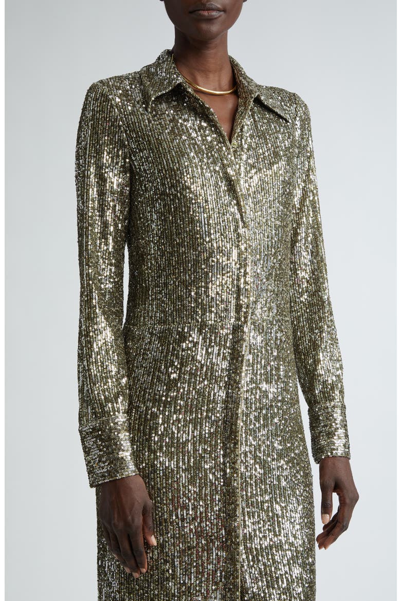 Sequin Embroidered Long Sleeve Shirtdress, Alternate, color, OLIVE