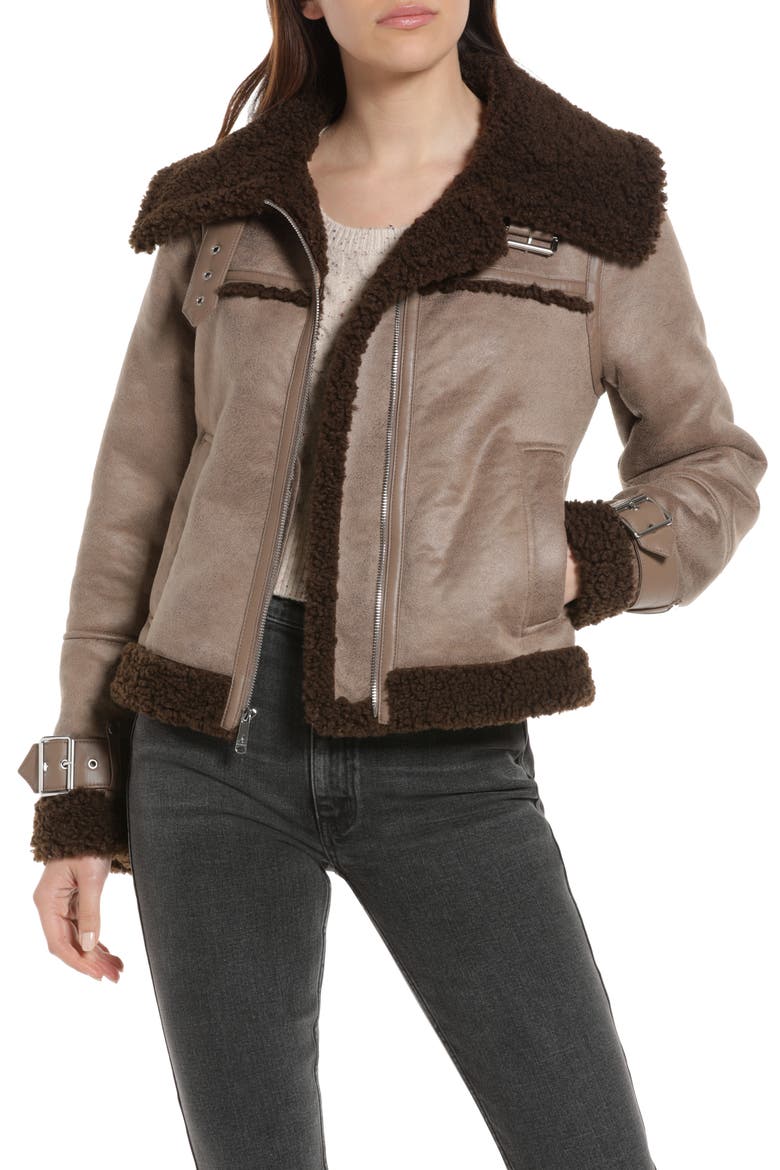 Women's Fleece Trim Faux Leather Bomber Jacket, Alternate, color, LIGHT BROW