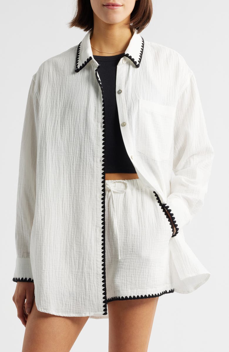 Rails Idania Embroidered Trim Organic Cotton Button-Up Shirt, Main, color, Black Blanket Stitch