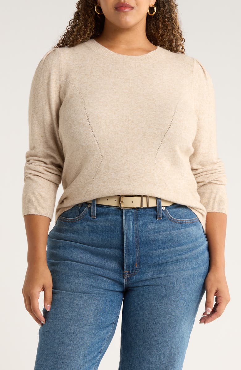 Caslon<sup>®</sup> Pointelle Detail Crewneck Sweater, Main, color, Tan Doeskin Heather