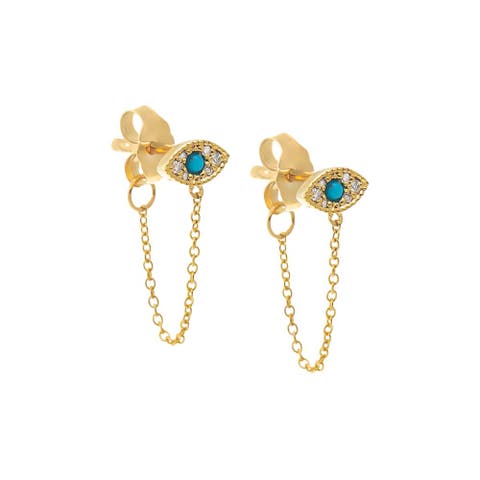Diamond Pave X Turquoise Front Back Evil Eye Stud Earring 14K