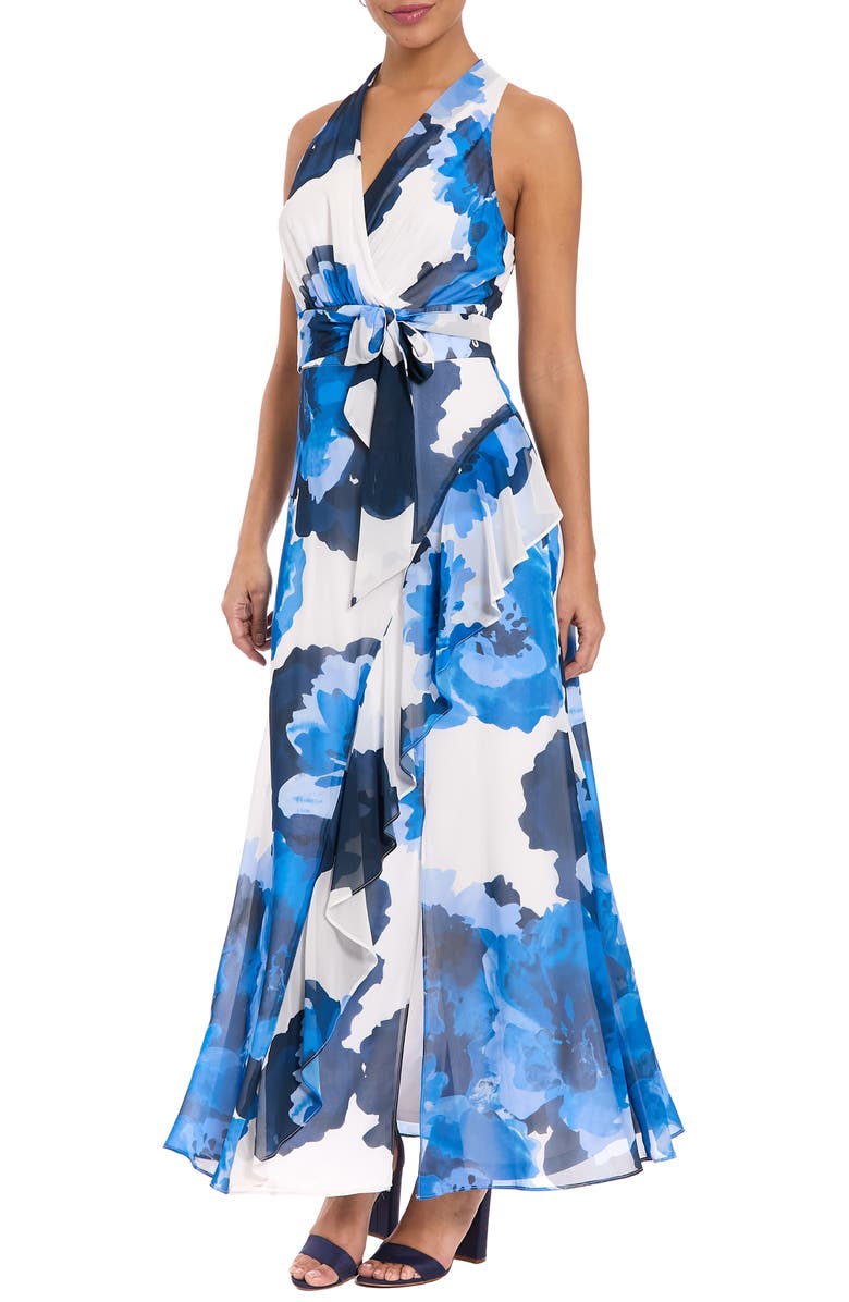 London Times Floral Halter Tie Belt Maxi Sheath Dress, Alternate, color, Soft White/ Bright Blue