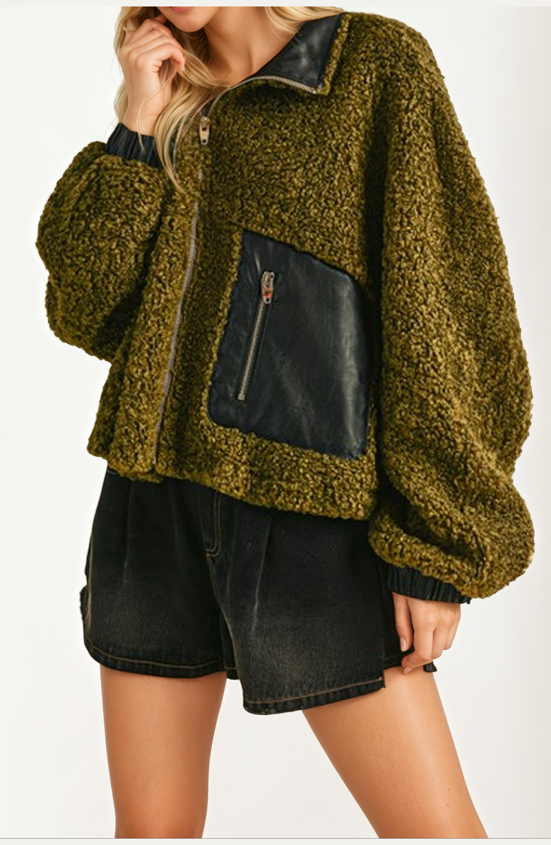 Knit and Lounge Faux Leather Trim Textured Zip-Up Pocket Detail Jacket, Alternate, color, 