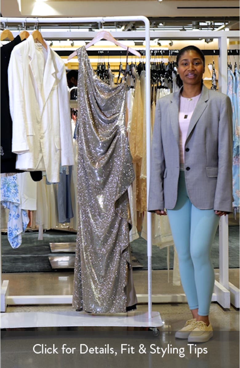 Galaxy One-Shoulder Ruffle Detail Glitter Knit Gown, sales video thumbnail