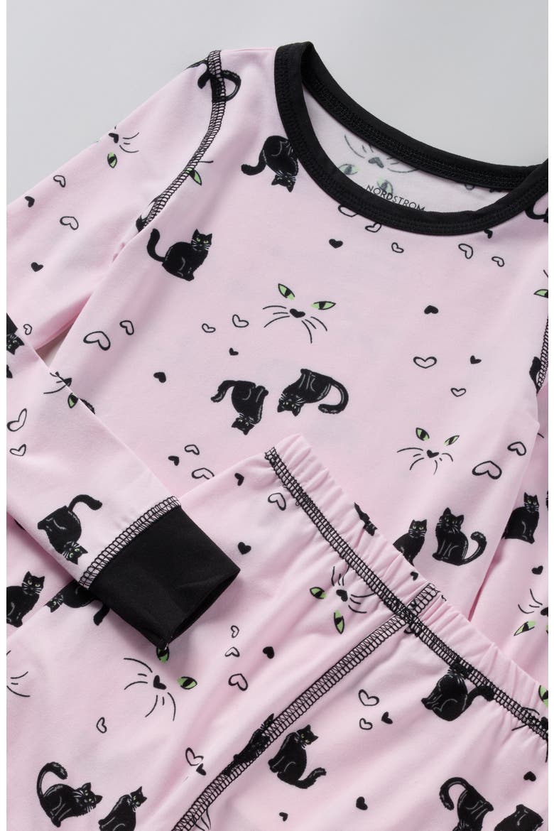 Kids' Glow in the Dark Fitted Two-Piece Pajamas, Alternate, color, PINK- BLACK CAT EYES