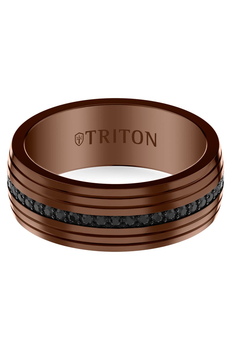 8MM Espresso Tungsten and Black Tungsten Stripe Inlay with Black Sapphire Eternity Center and Bevel Edge, Alternate, color, Brown