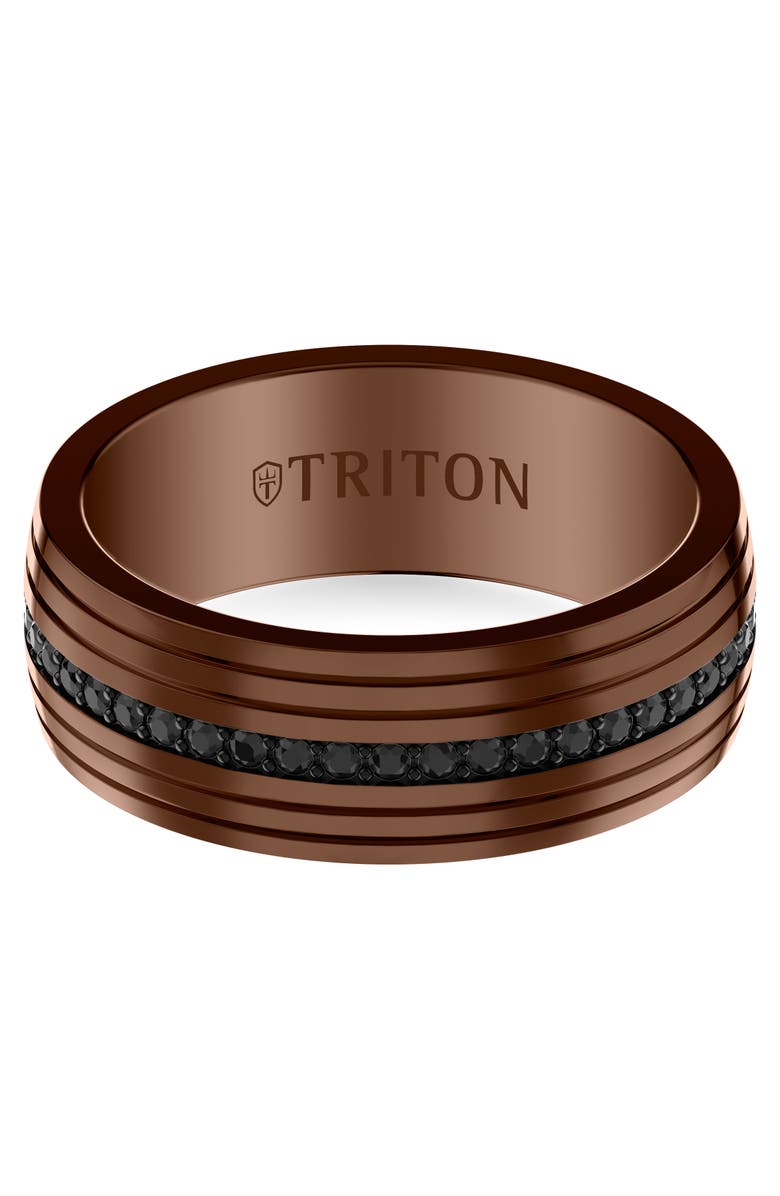 Triton 8MM Espresso Tungsten and Black Tungsten Stripe Inlay with Black Sapphire Eternity Center and Bevel Edge, Alternate, color, 