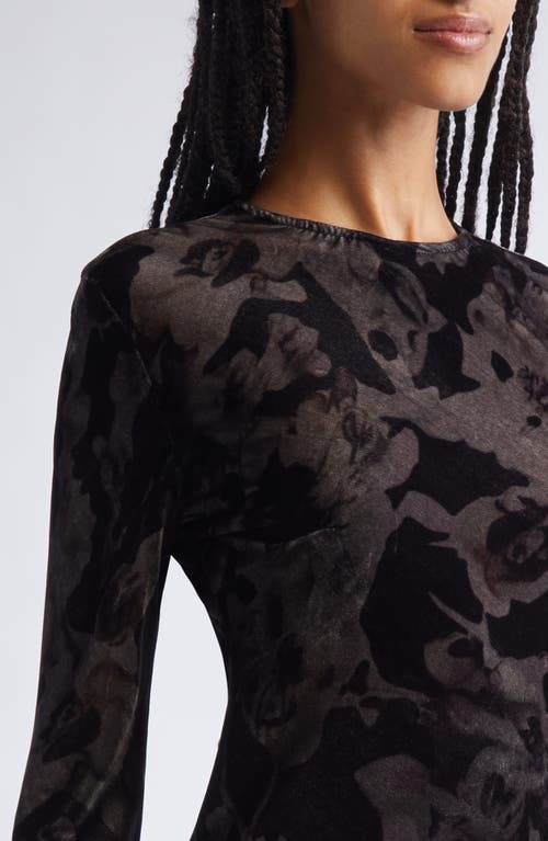 Collina Strada Yuri Leopard Floral Long Sleeve Crepe Dress In Black