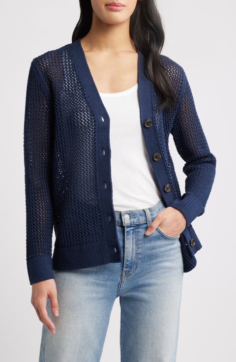 売れ筋商品|||セセ ニット&セーター アウター レディース Women's Pointelle-Stitch Short-Sleeve V-Neck Cardigan Classic Navy Women's V-Neck Cardigan Sweaters | Nordstrom