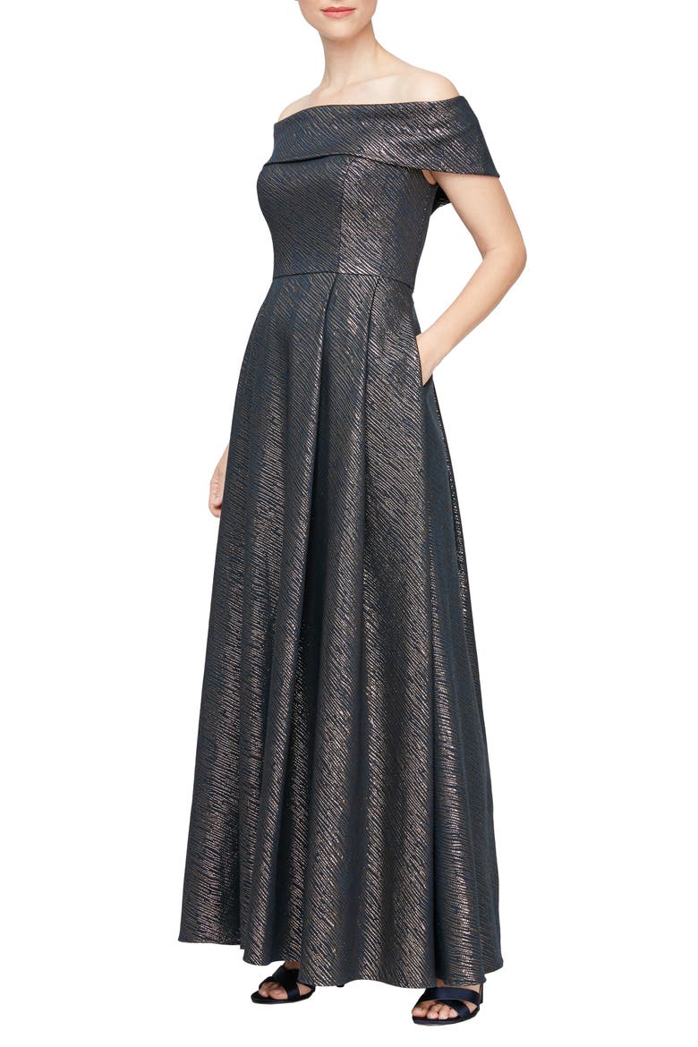 Metallic Off the Shoulder Ballgown, Main, color, NAVY GOLD