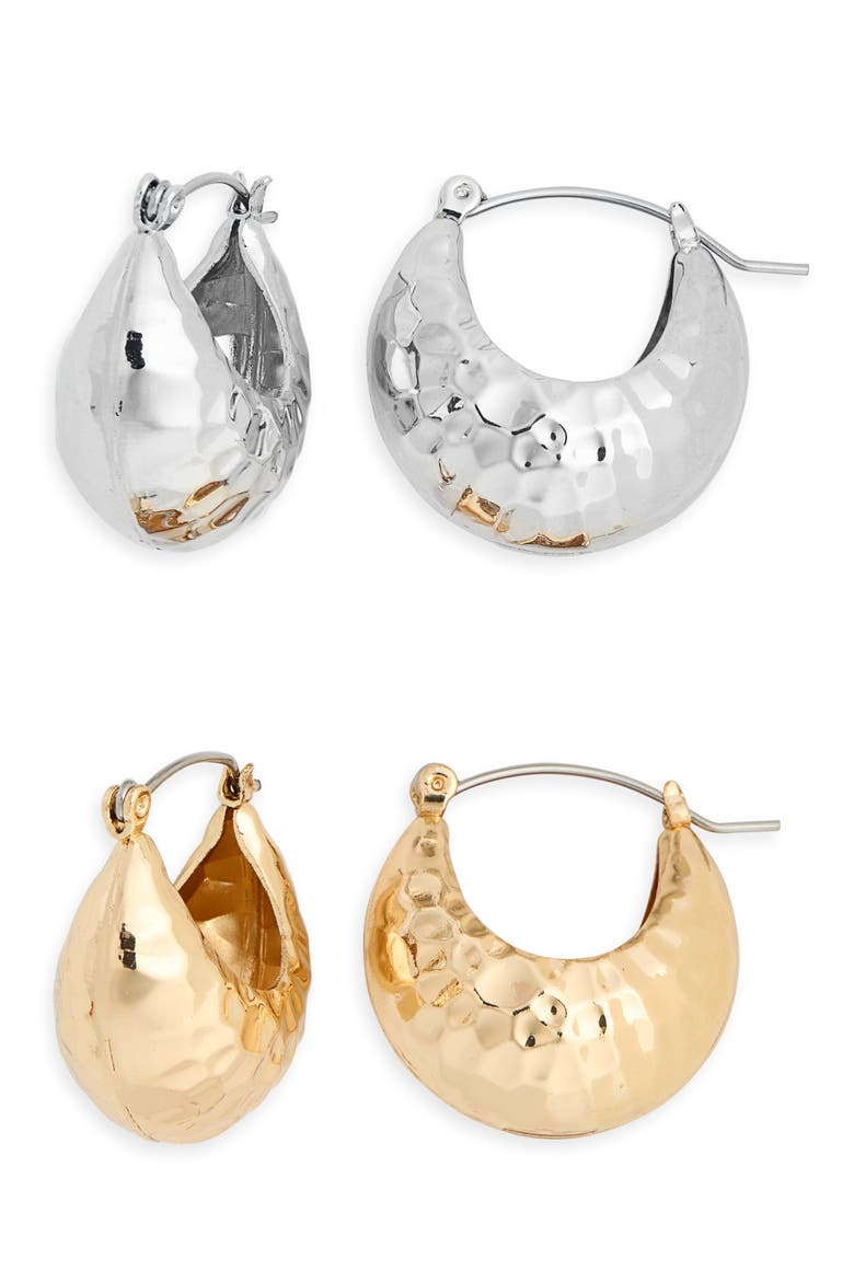 Set of 2 Hammered Hoop Earrings, Main, color, GOLD/ SILVER