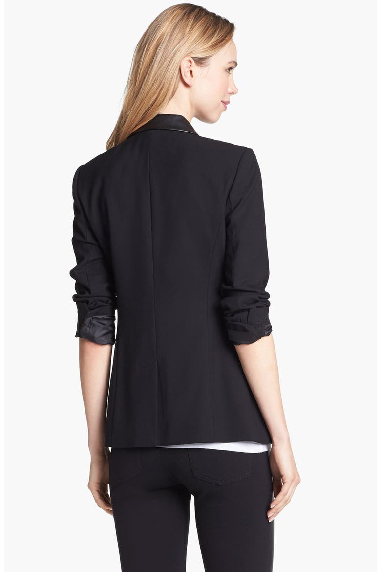 Faux Leather Trim Boyfriend Blazer, Alternate, color, RICH BLACK