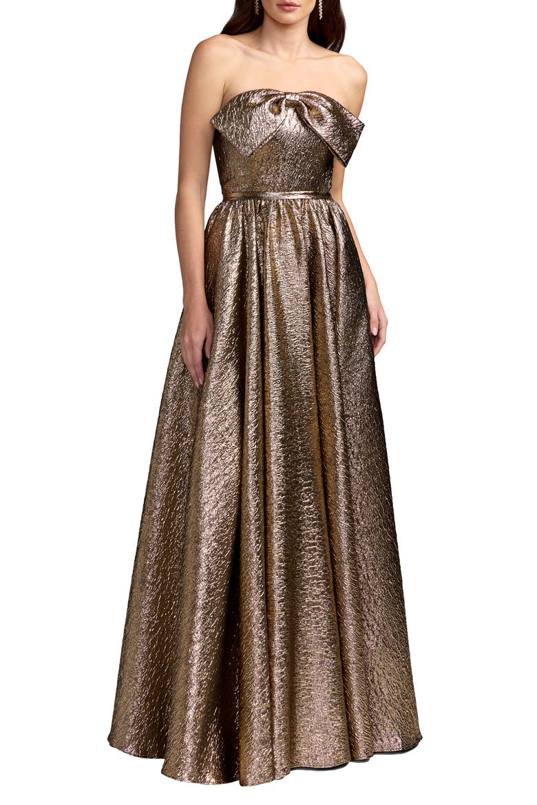 Strapless Metallic Gown With Bow Detail, Main, color, Antique Bronze