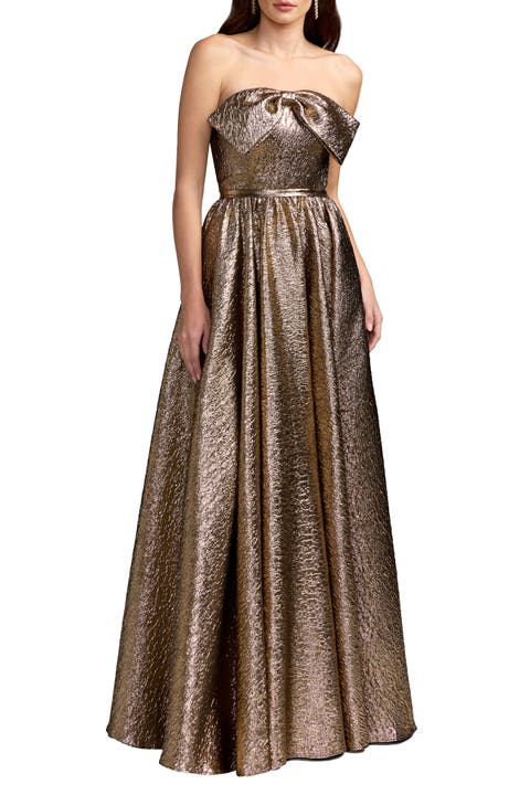 Strapless Metallic Gown With Bow Detail