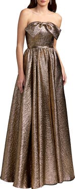 Mac Duggal Strapless Metallic Gown With Bow Detail