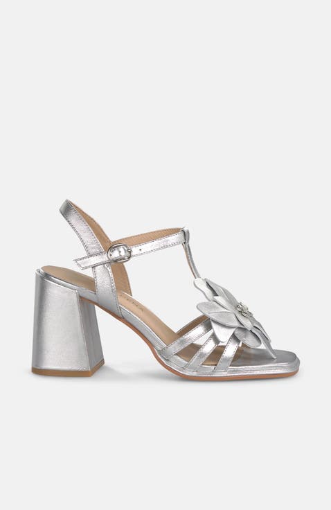 Metallic Sandal with Flower Detail