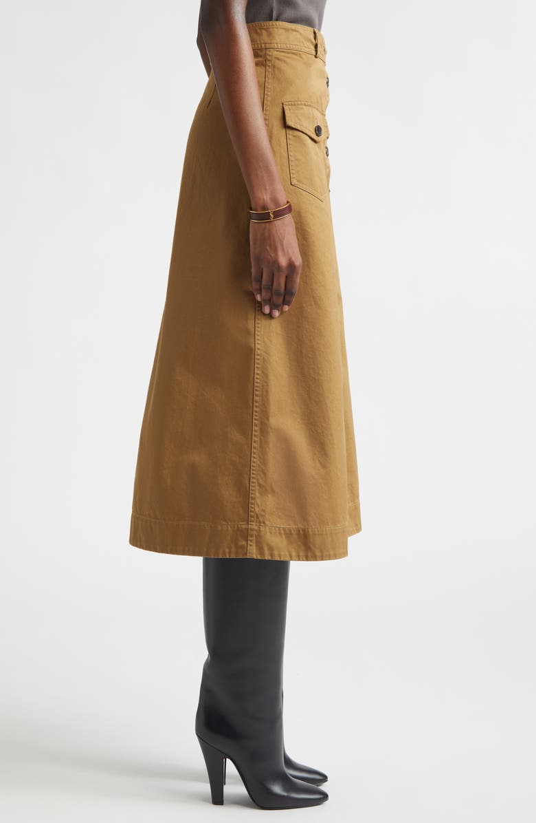 Saint Laurent Button Front Cotton Serge Midi Skirt, Alternate, color, Chatain
