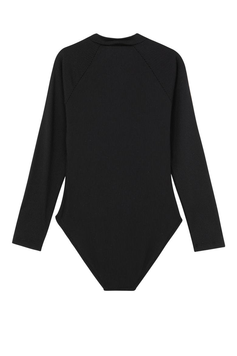 Summer Rib Textured Long Sleeve Zip Front One Piece, Alternate, color, Black