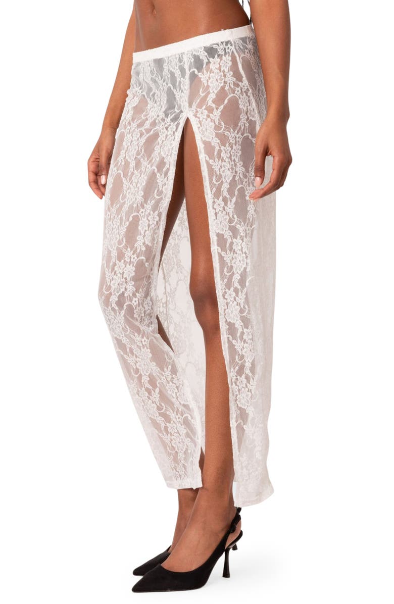 EDIKTED Aura Low Rise Sheer Lace Maxi Skirt, Alternate, color, White