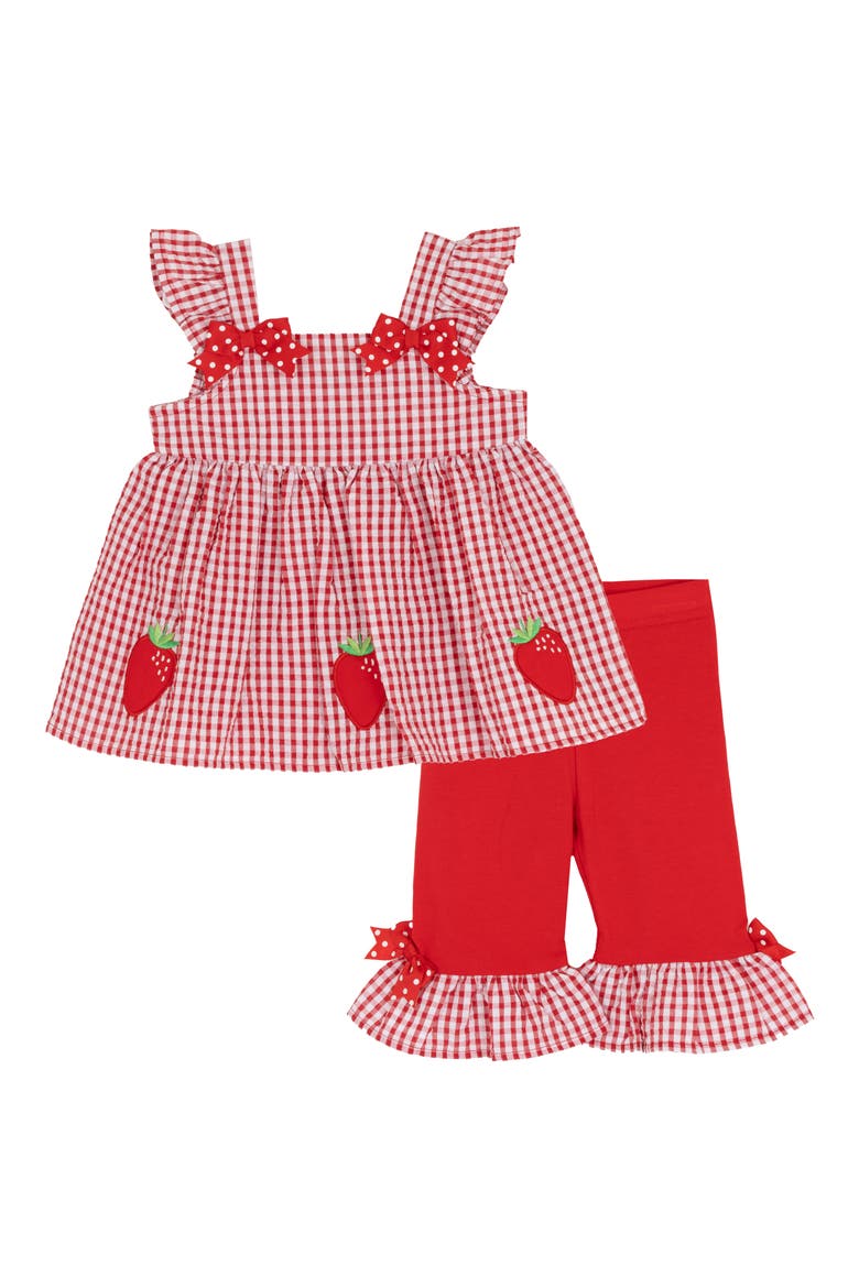 Strawberry Seersucker Top & Capri Leggings Set, Main, color, RED