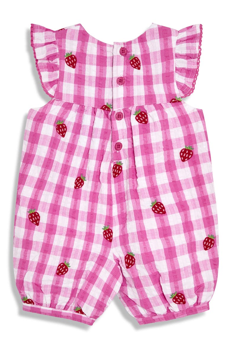 Strawberry Embroidered Gingham Cotton Seersucker Romper, Alternate, color, PINK