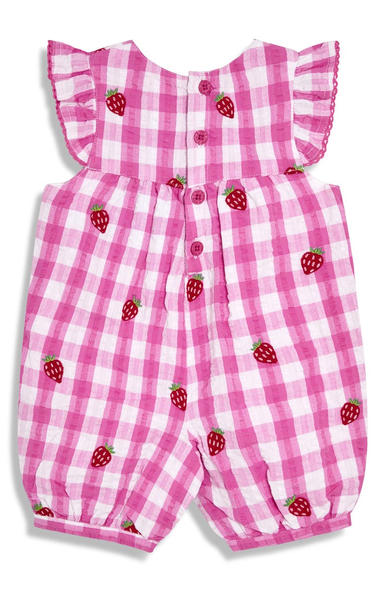 JOJO MAMAN BEBE Strawberry Embroidered Gingham Cotton Seersucker Romper, Alternate, color, Pink