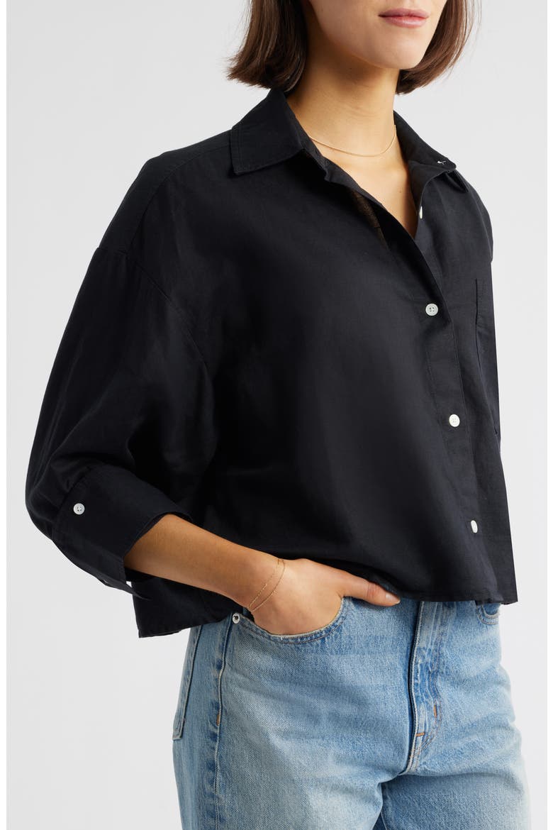 Straight Hem Crop Linen & Cotton Button-Up Shirt, Alternate, color, JET BLACK