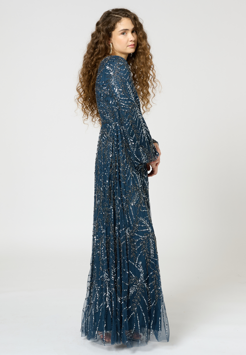 Shop Maryisa Occasion Modest Embellished Sequin Beaded Floral Long Sleeves Evening Maxi Dress In Navy