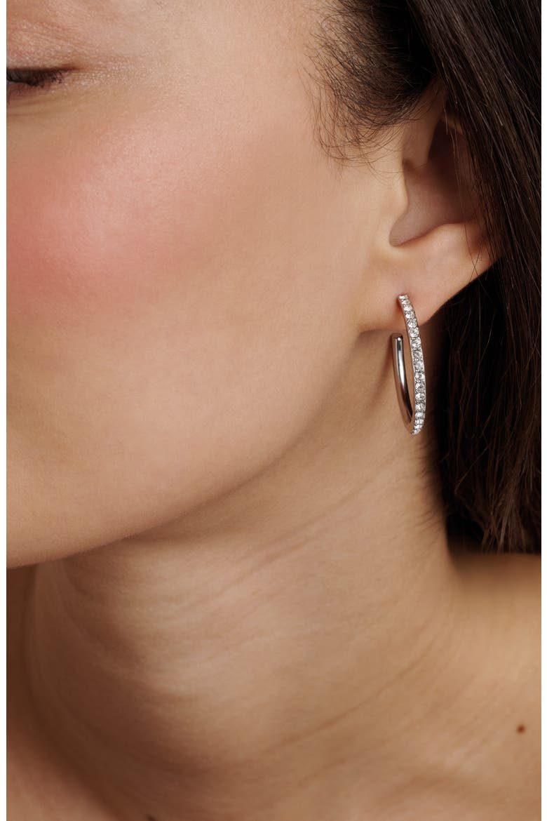 Clanci Medium Crystal Hoop Earrings, Alternate, color, SILVER TONE / CLEAR CRYSTAL