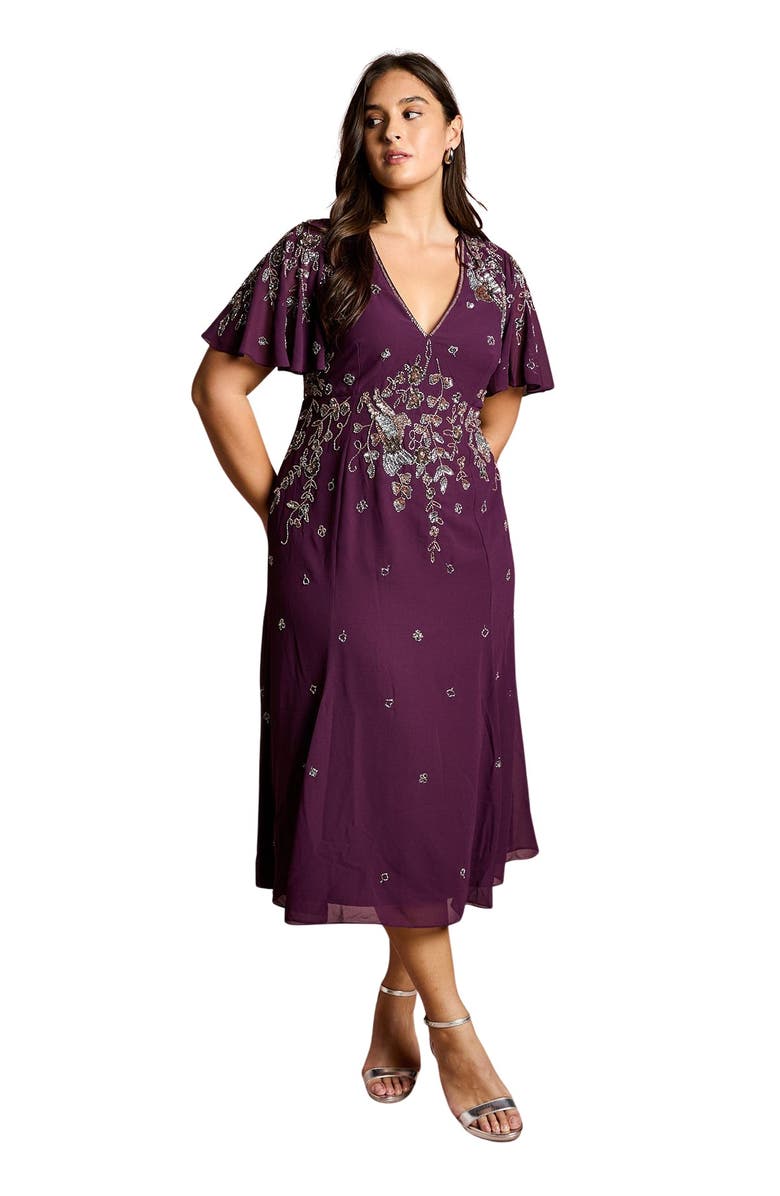 Coast Plus Floral Embellished Midi Dress, Main, color, Wine