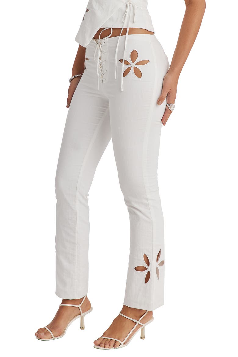 Floral Cutout Lace-Up Straight Leg Pants, Alternate, color, CLOUD
