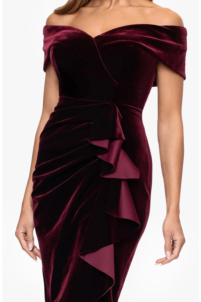 Ruched Ruffle Off the Shoulder Velvet Cocktail Dress, Alternate, color, BURGUNDY