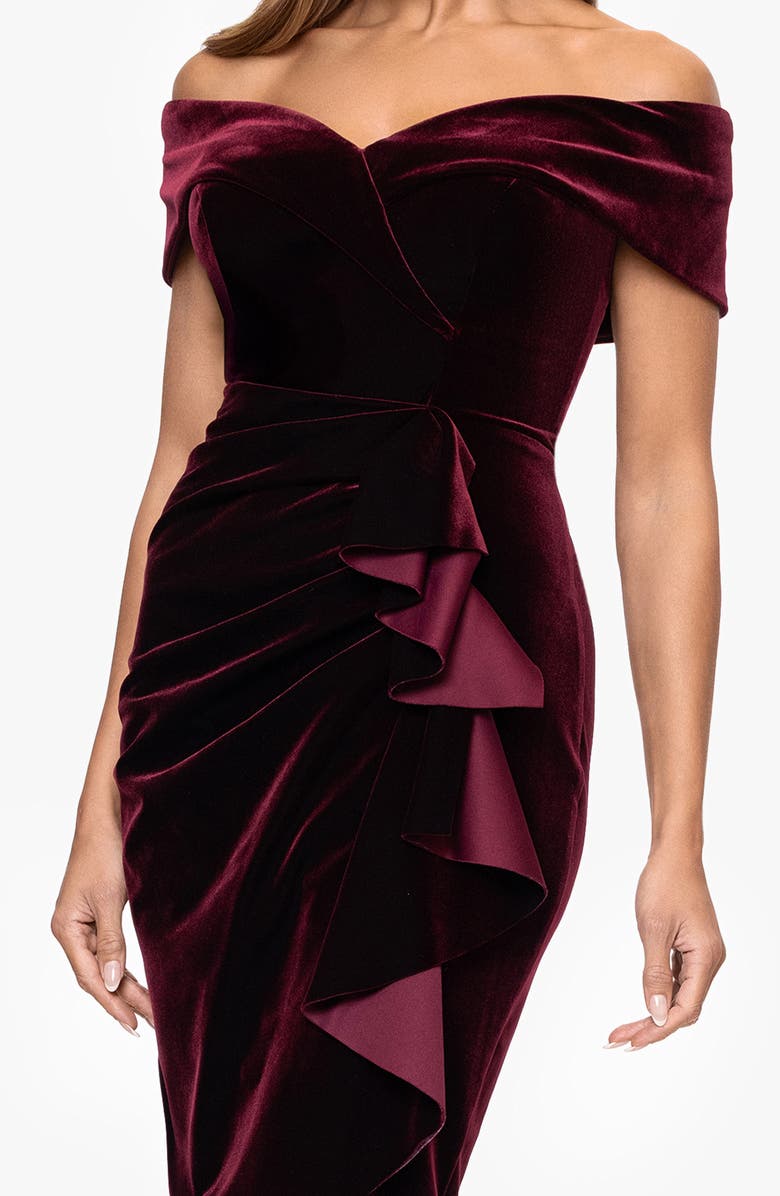 Xscape Evenings Ruched Ruffle Off the Shoulder Velvet Cocktail Dress, Alternate, color, Burgundy