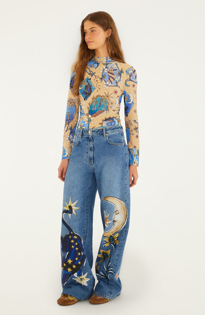 FARM Rio Mystical Sand Mixed Print Tulle Top, Alternate, color, Blue