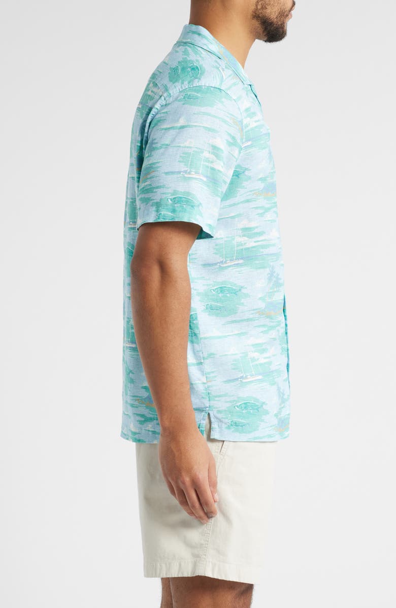 vineyard vines Island Life Print Linen Blend Camp Shirt, Alternate, color, Ice Water