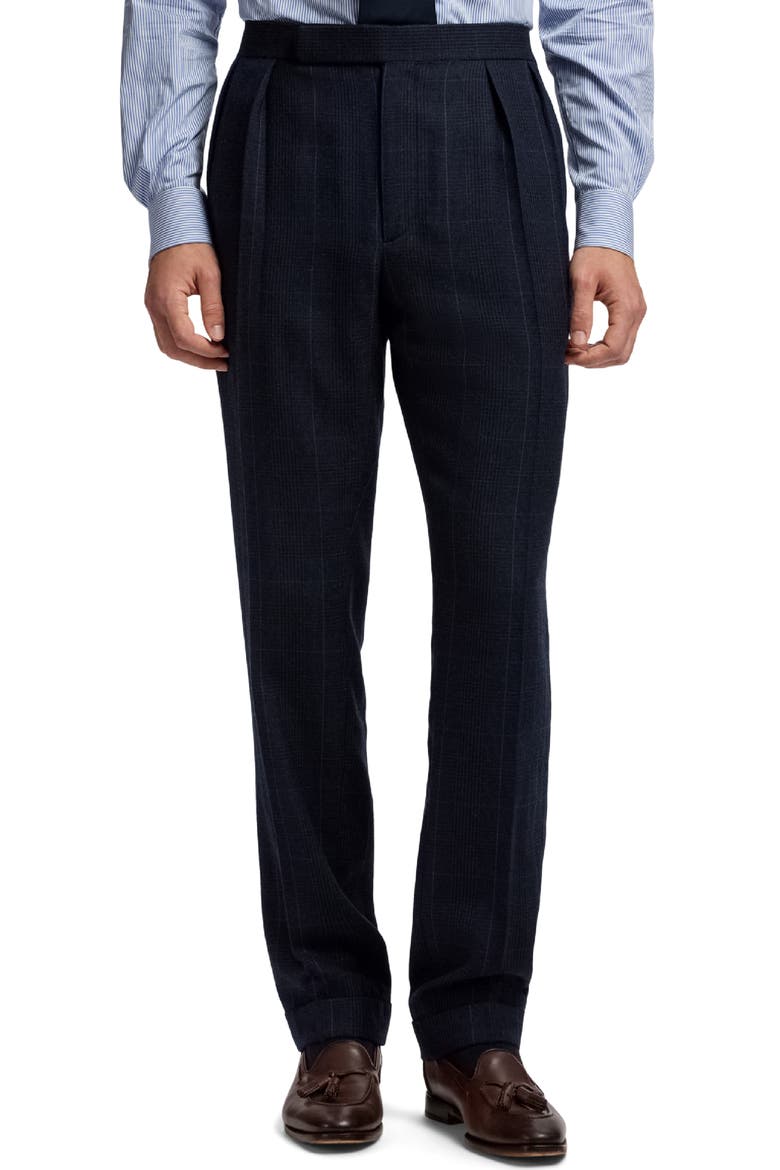 Gregory Pleated Glen Plaid Cashmere Trousers, Main, color, DARK NAVY MULTI