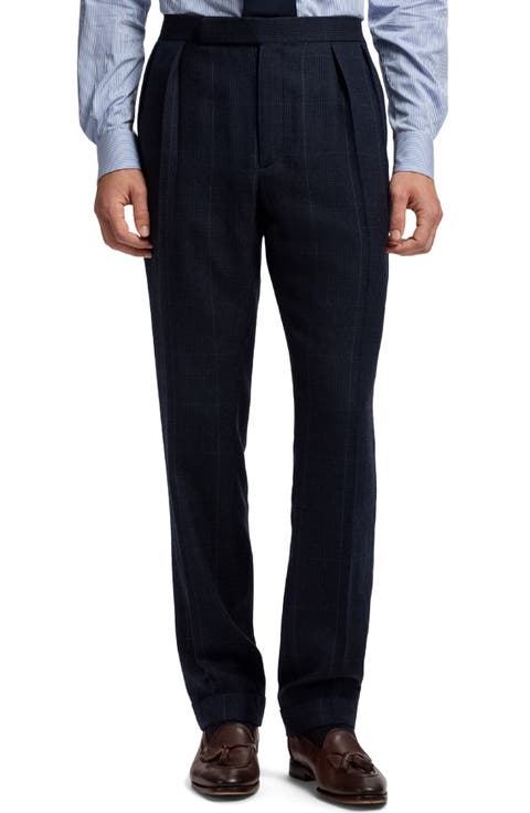 Gregory Pleated Glen Plaid Cashmere Trousers