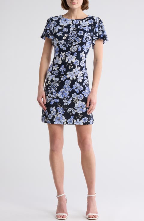 Floral Flutter Sleeve Jersey Shift Dress