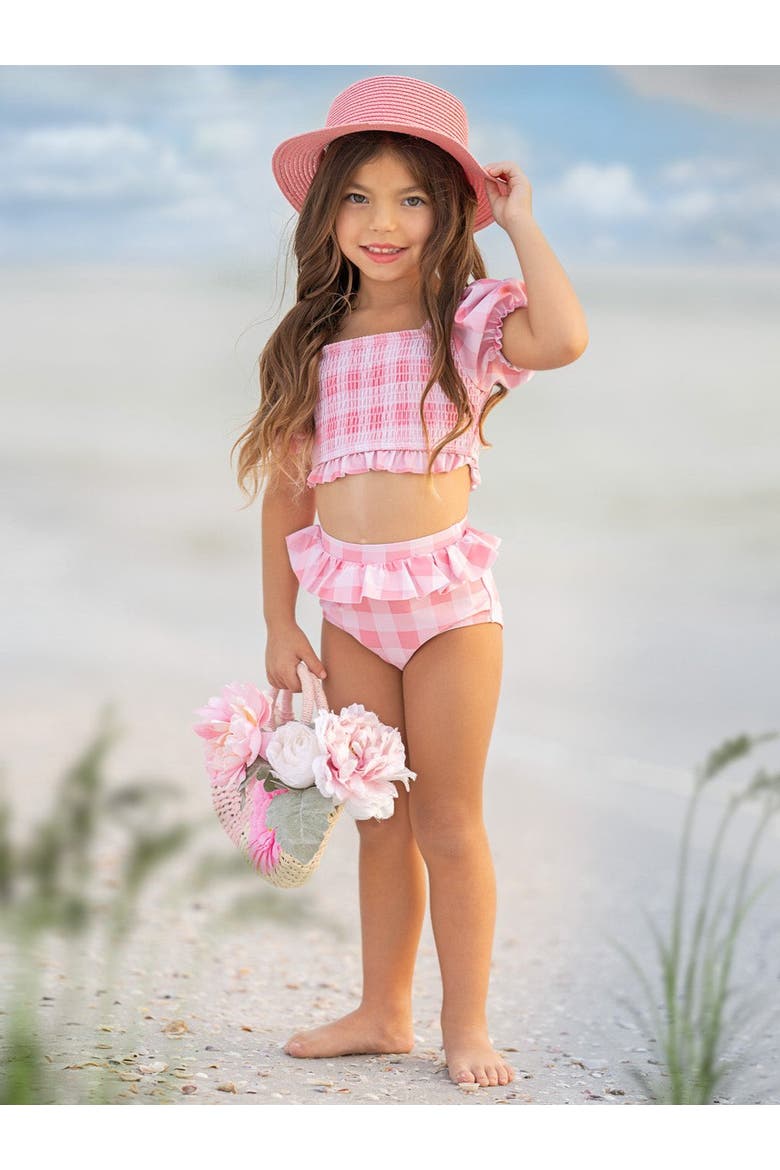Girls Perfect Pink Gingham Puff Sleeve Two Piece Swimsuit, Alternate, color, Pink