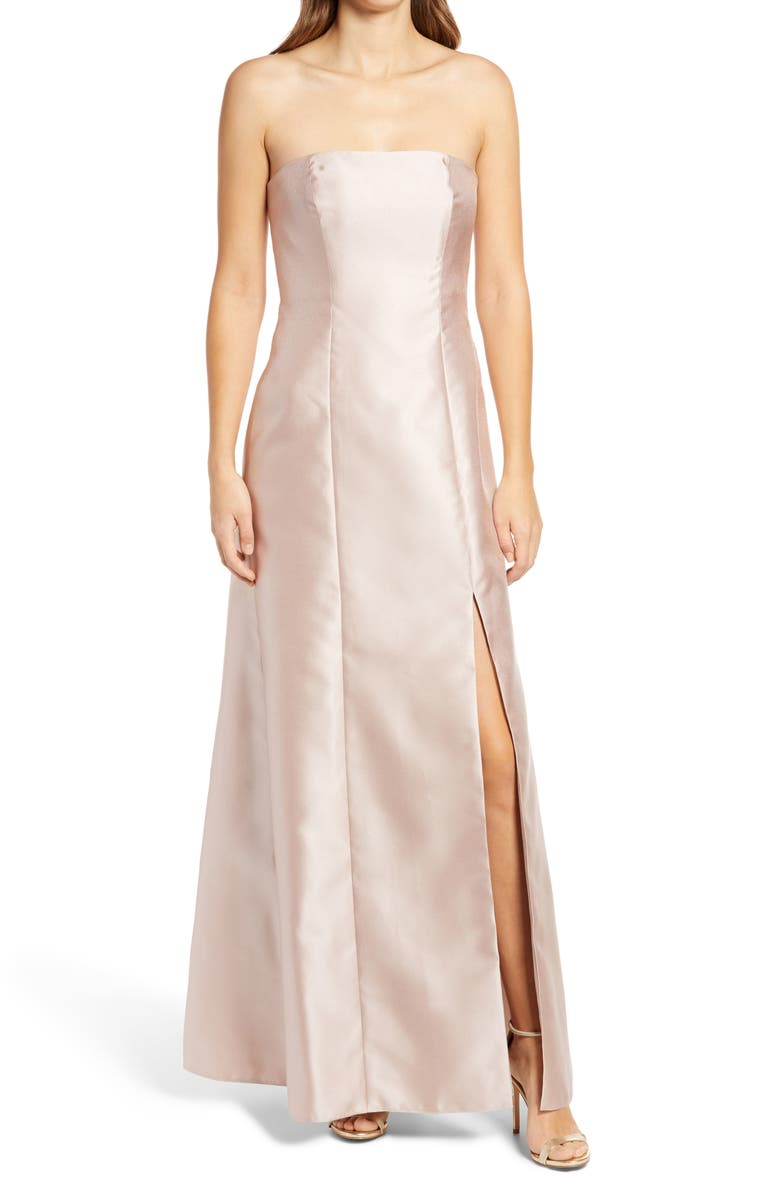 Alfred Sung Strapless Satin A-Line Gown, Main, color, 