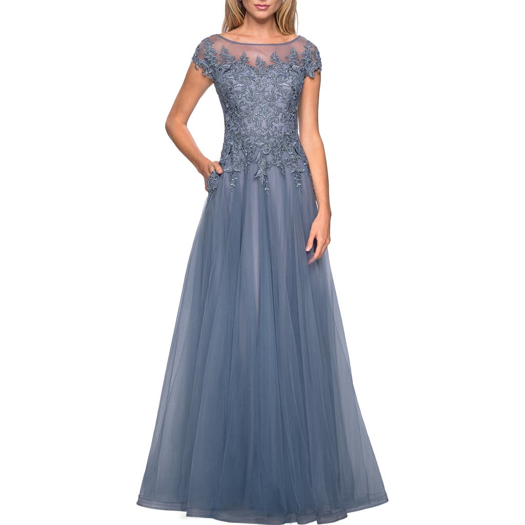 La Femme Long Tulle Gown With Lace Bodice And Pockets In Smoky Blue
