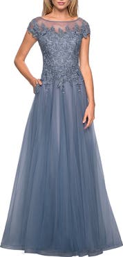 La Femme Long Tulle Gown with Lace Bodice and Pockets