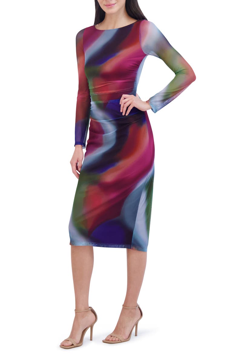 Vince Camuto Ruched Long Sleeve Mesh Midi Dress, Alternate, color, Blue Multi