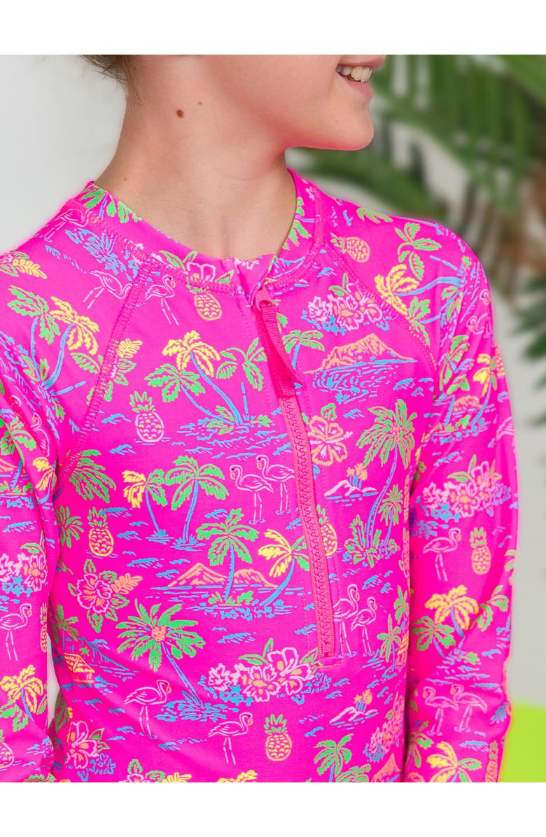 RuffleButts Girls UPF50+ Sun Protection Long Sleeve Rash Guard One Piece, Alternate, color, Neon Island Time