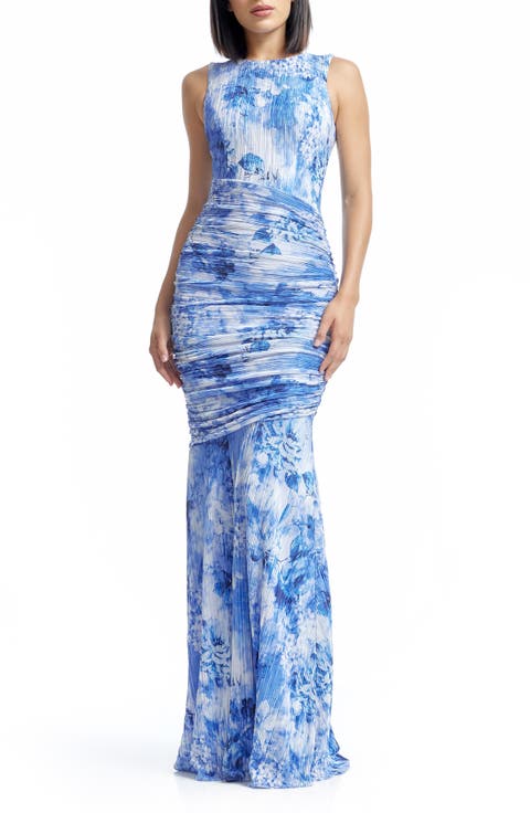 Violetta Plissé Floral Print Trumpet Gown